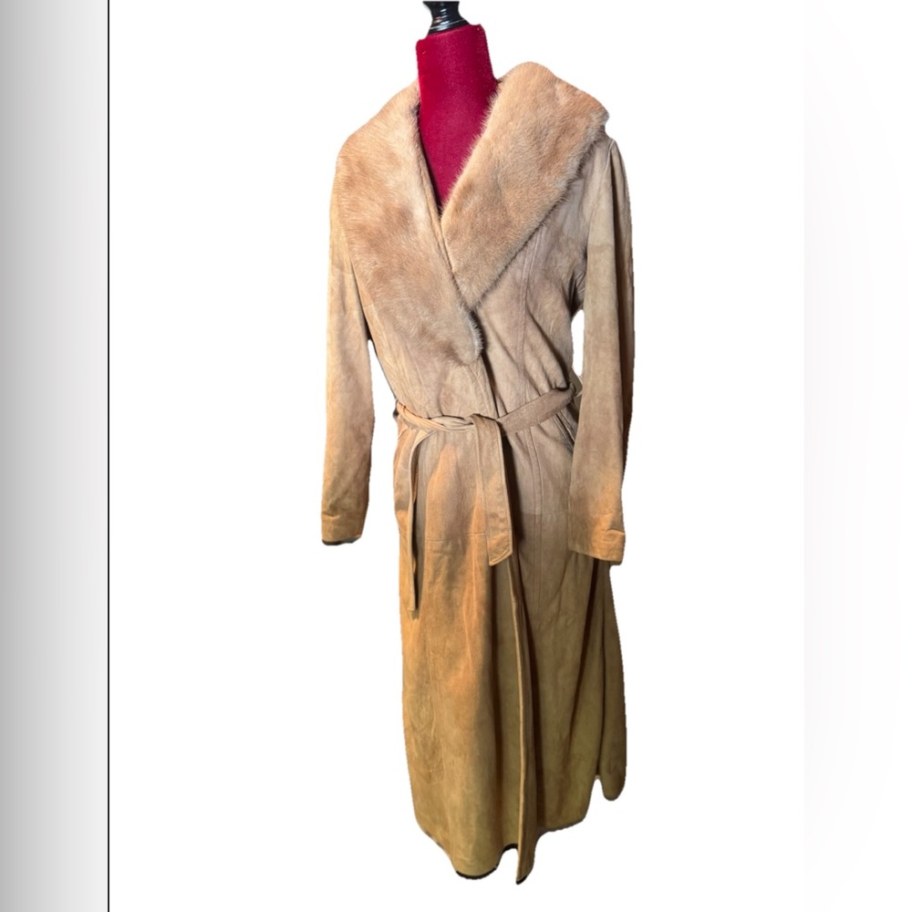 Penny Lane long coat, genuine, leather fur collar vintage 10 M Tan suede